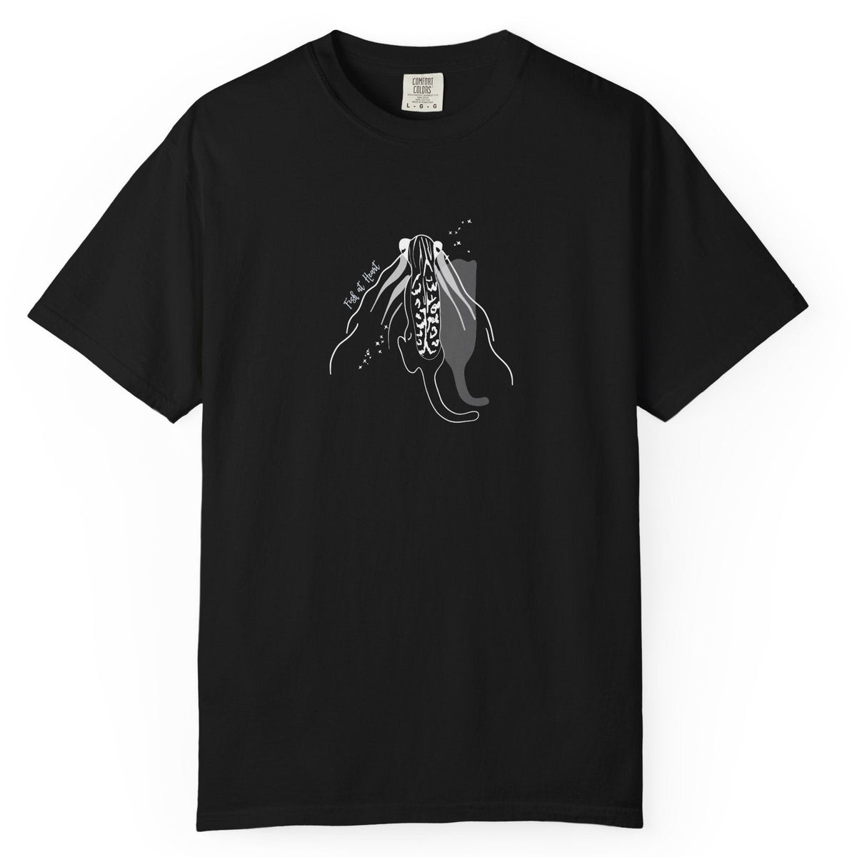 T-Shirt - Fish at Heart with Flounder the Purrmaid Design, shown in Black
