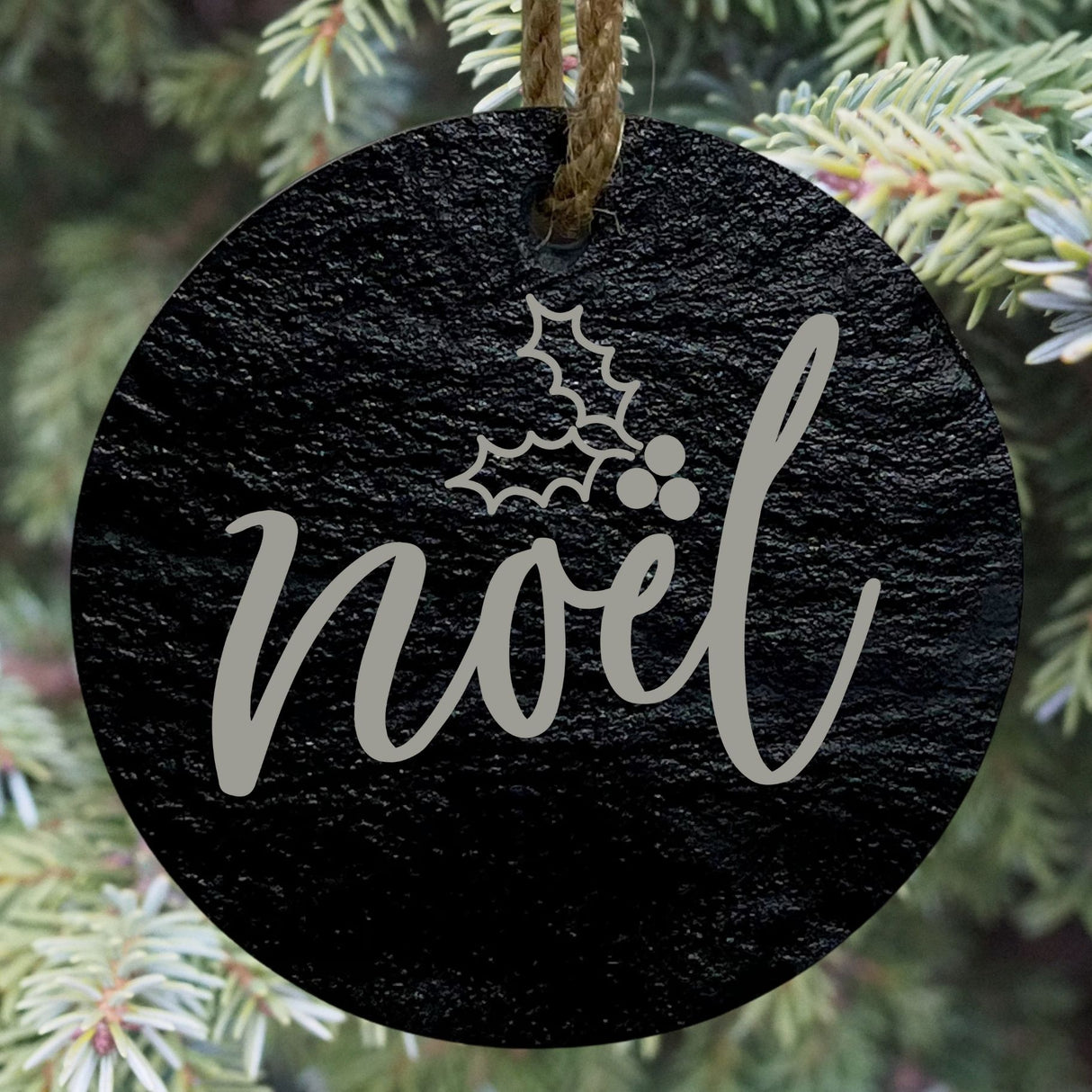 Noel 3” Round Slate Ornament - Elegant Christmas Tree Decoration