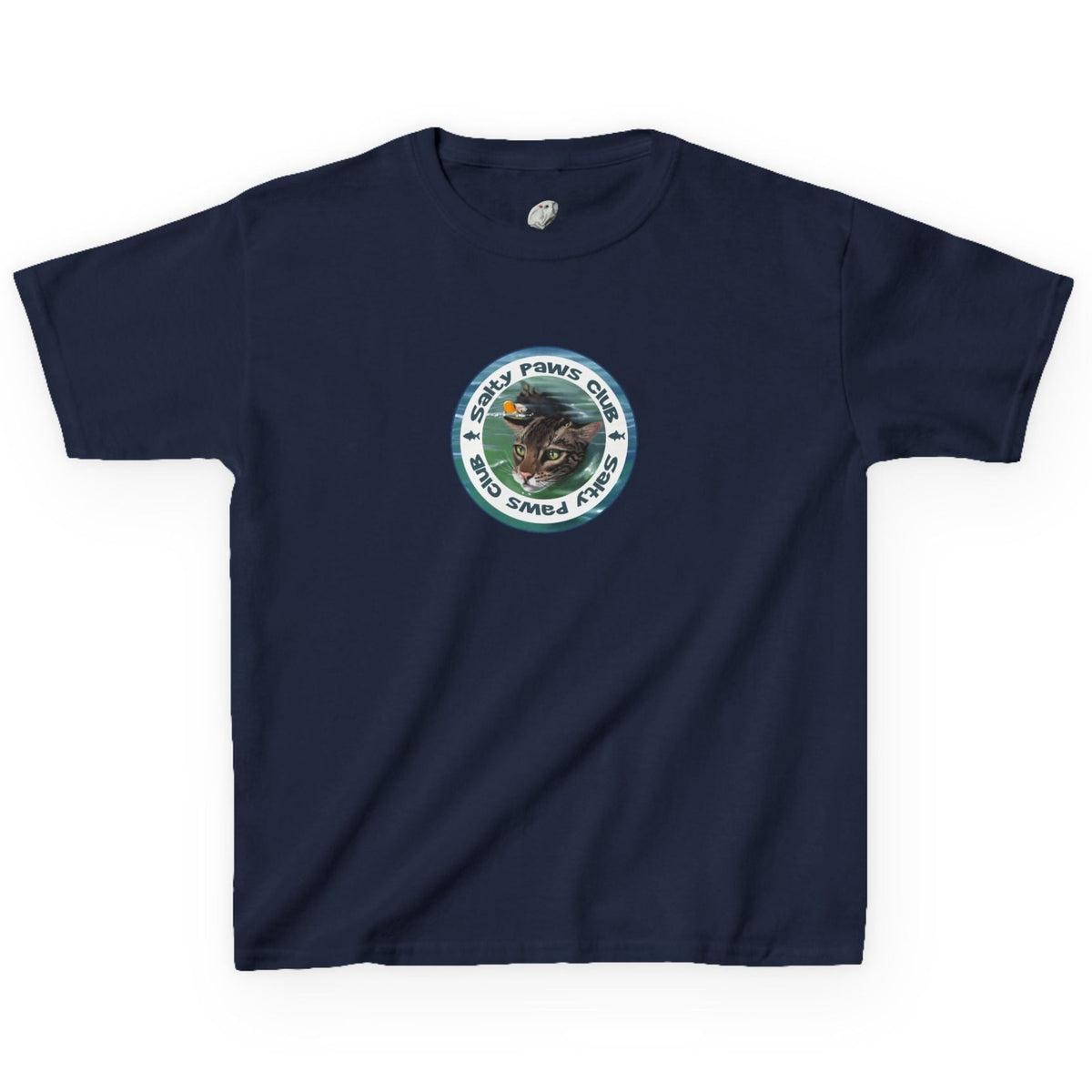 Kids Tee - "Salty Paws Club" Purrmaid Flounder & Life‑Vest Mouse Toy, shown in Navy