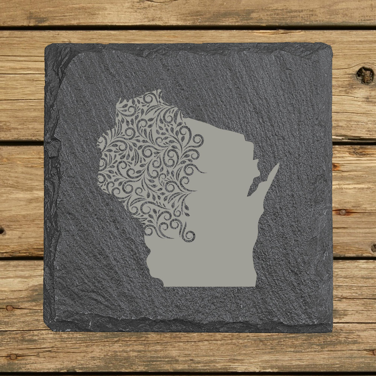 Wisconsin Slate Coaster Set – Engraved Natural Stone (Set of 4)