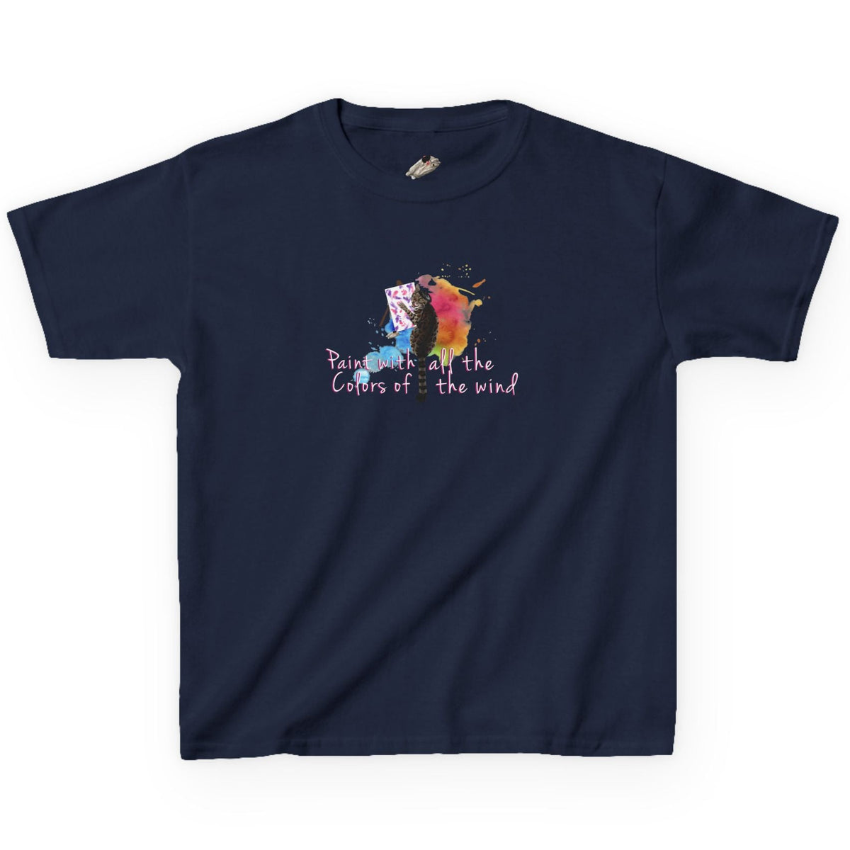 Kids Tee - “Paint With All The Colors Of The Wind” Flounder the Purrcasso Kids T-Shirt, shown in Navy