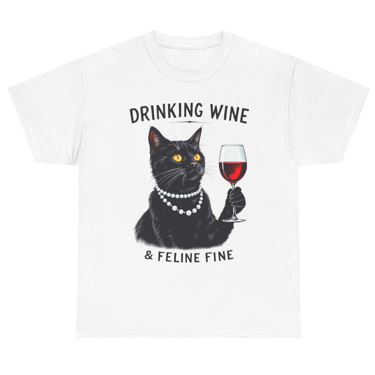 Black cat drinking wine Feline Fine cotton tee in white