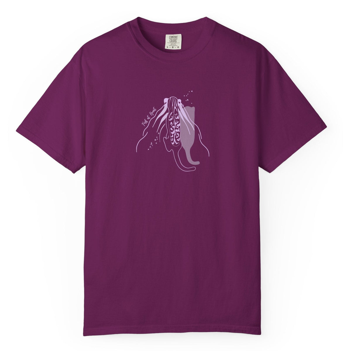 T-Shirt - Fish at Heart with Flounder the Purrmaid Design, shown in Boysenberry