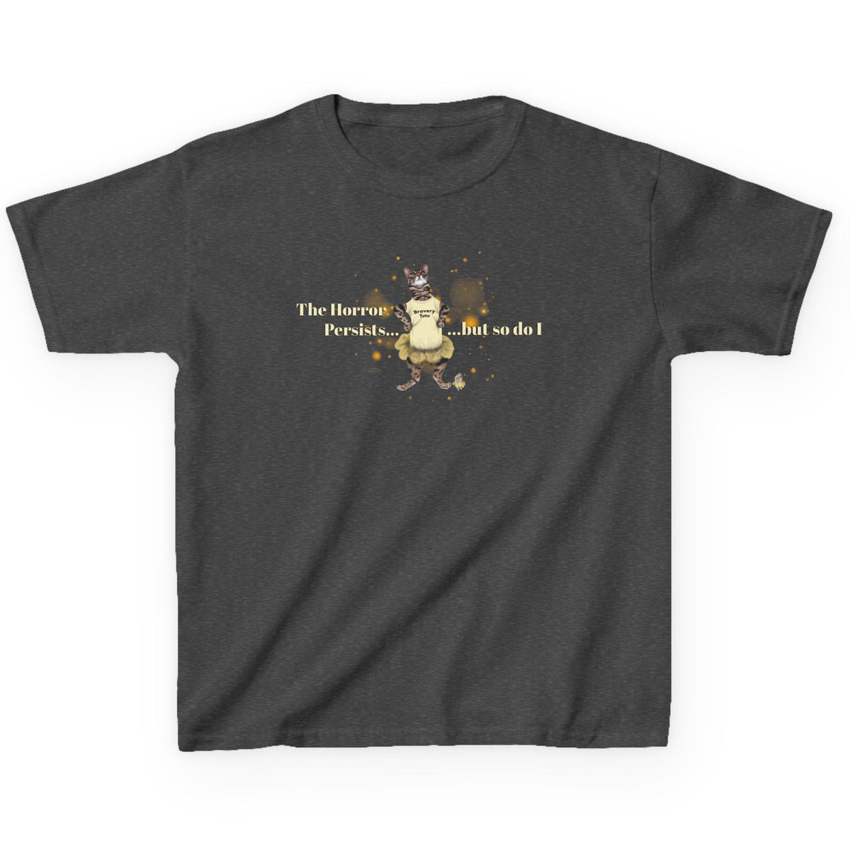 Kids Heavy Cotton™ Tee - Bravery Tutu design featuring Flounder with Mouse Toy by her side, shown in Dark Heather