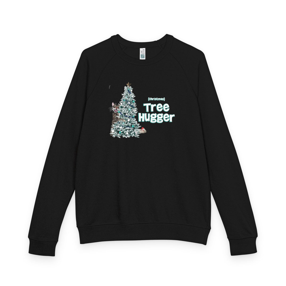 Raglan Crewneck Sweatshirt Christmas Tree Hugger Flounder the Purrmaid Design