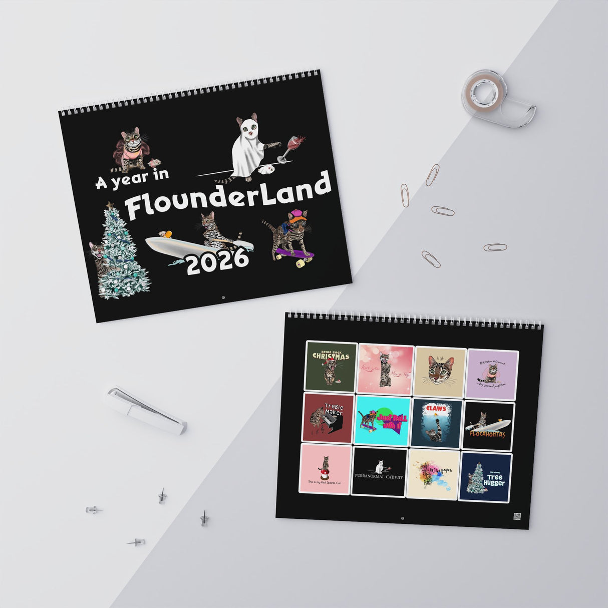 Wall Calendar 2026 FlounderLand Featuring Flounder and Mouse Toy Art Hand Drawn by Nina