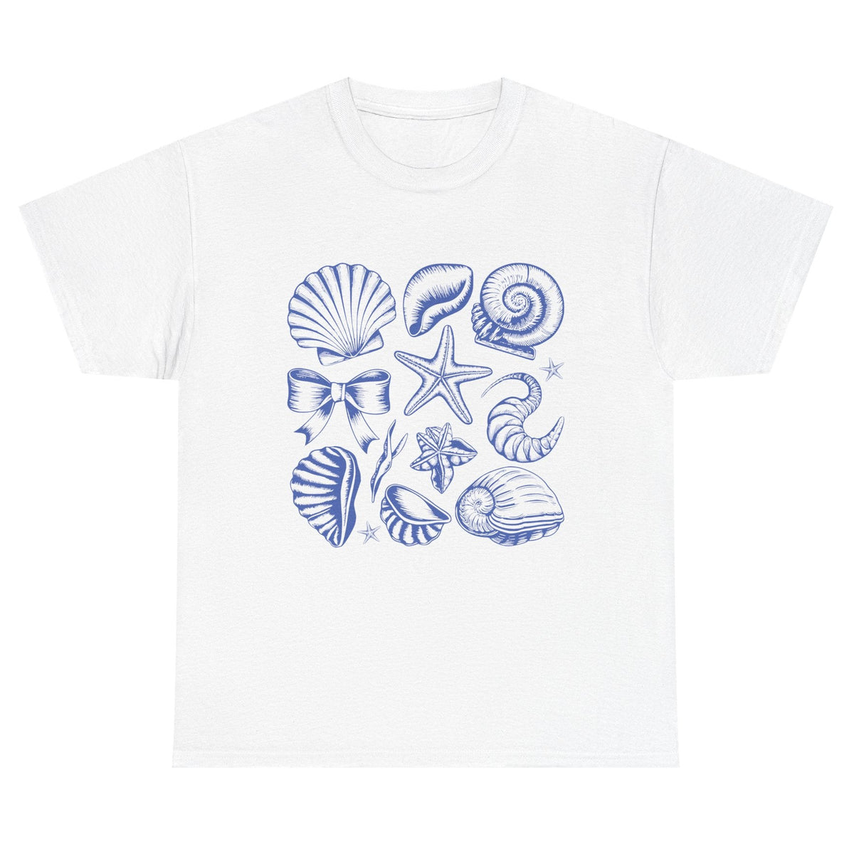 Blue coastal coquette shell cotton tee in white