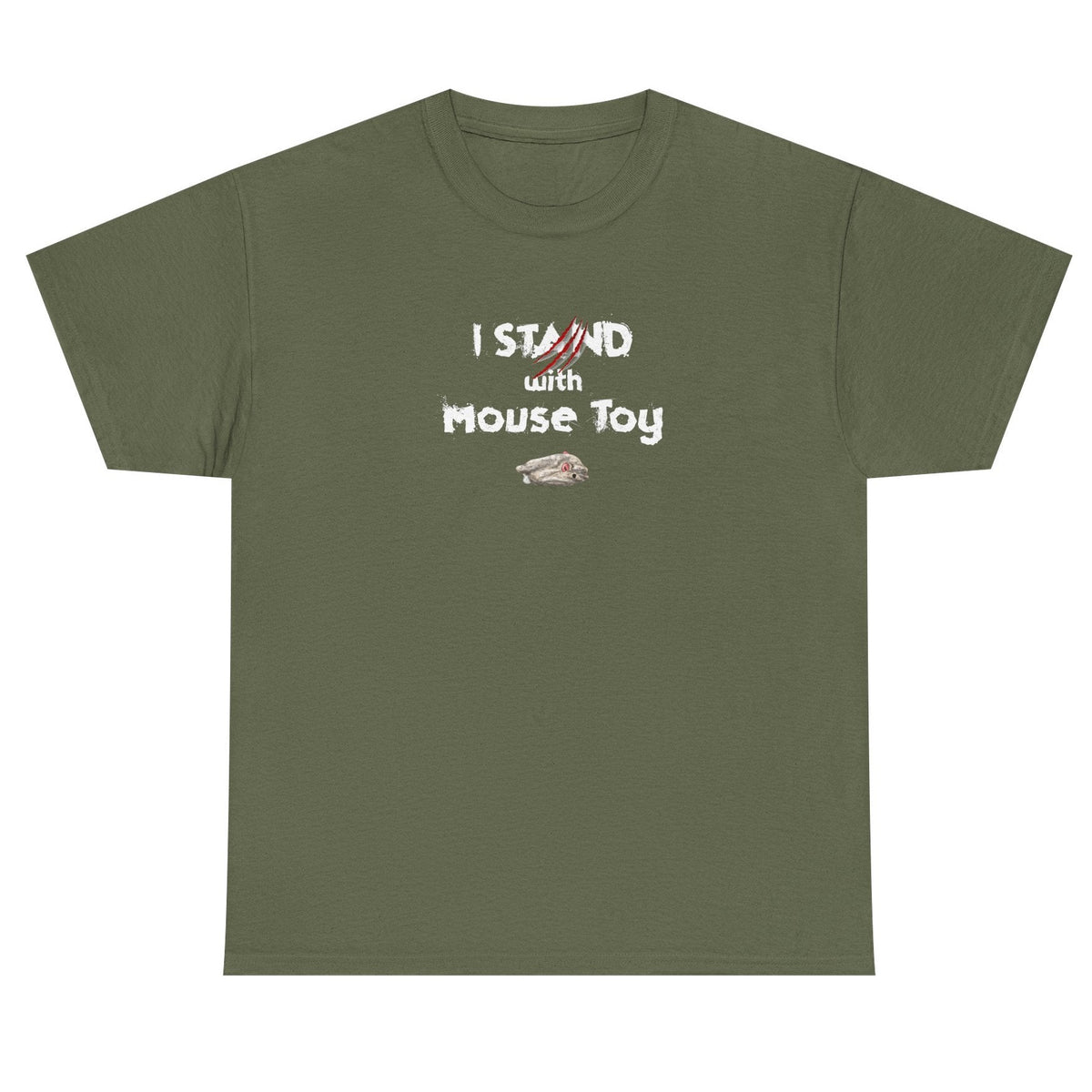 Funny Flounder "I Stand with Mouse Toy" Tee, shown in Military Green