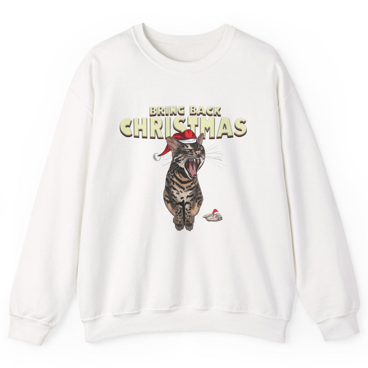 Flounder Cat “Bring Back Christmas” Unisex Crewneck Sweatshirt - Festive Cozy Wear, shown in White