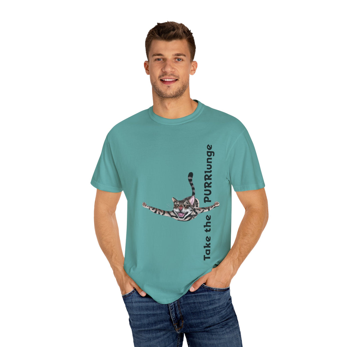 Purr-lunge Unisex T-shirt with Flounder the Purrmaid Design
