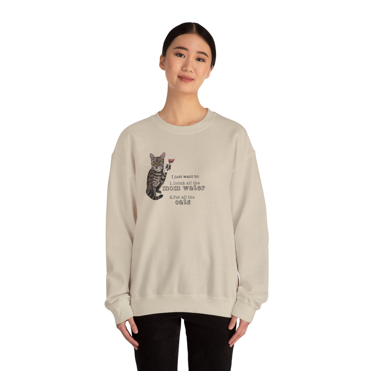 Funny Flounder Cat Wine Crewneck Sweatshirt - I just want to drink all the mom water