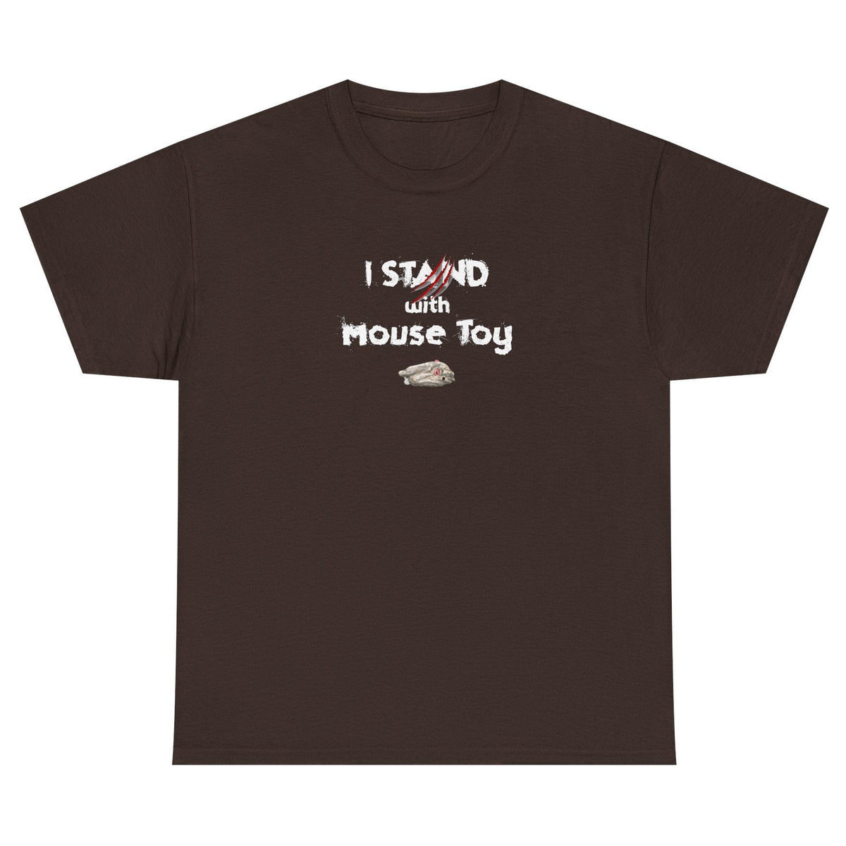 Funny Flounder "I Stand with Mouse Toy" Tee, shown in Dark Chocolate