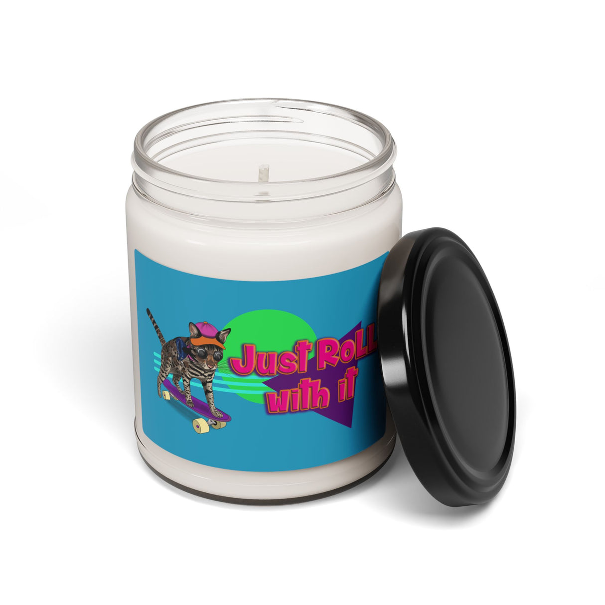Soy Candle - Just Roll With It design featuring Flounder the Purrmaid on a Skateboard