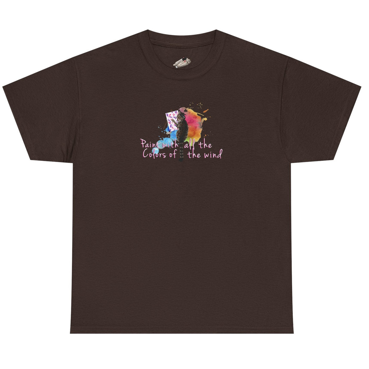 Flounder the Purrcasso T-Shirt - "Paint With All the Colors of the Wind" Cat Art Tee, shown in Dark Chocolate