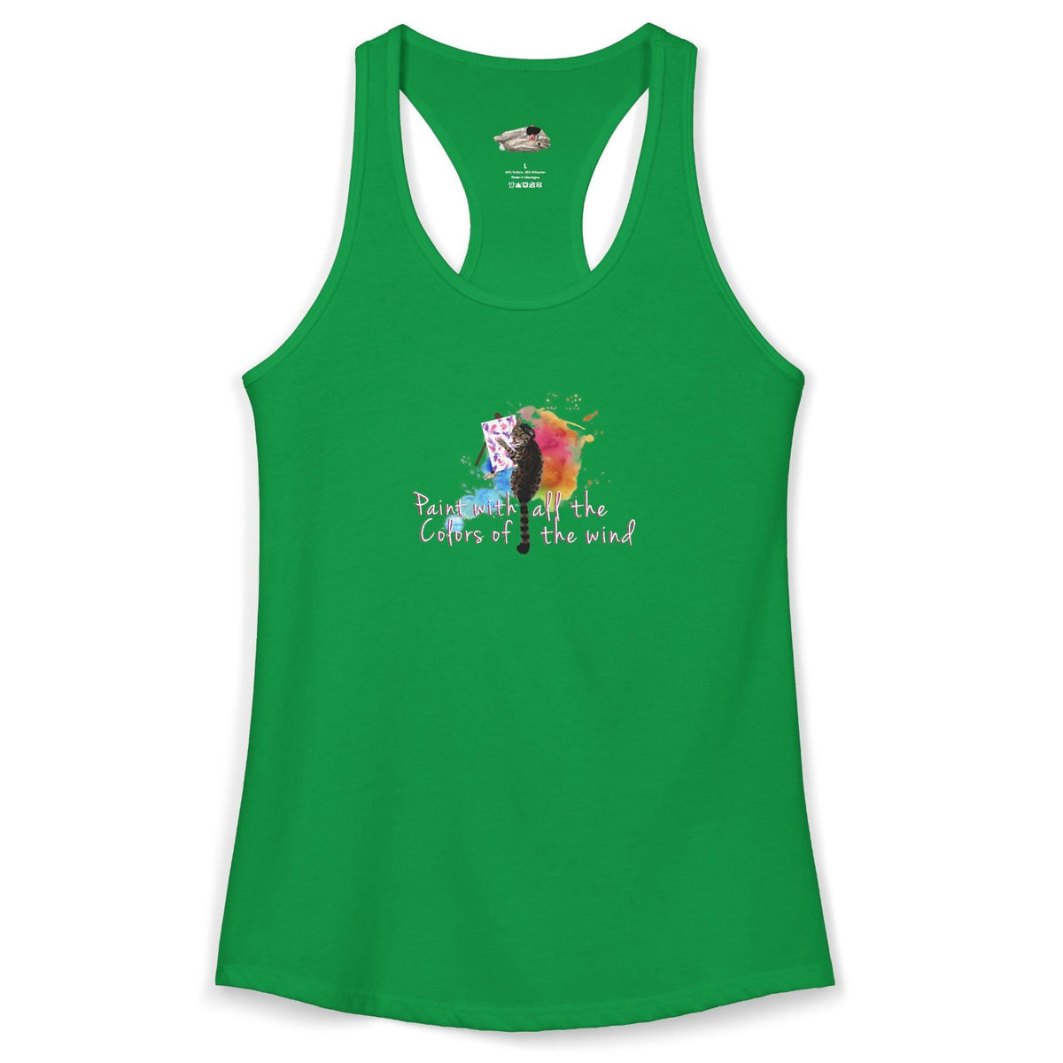 Women's Racerback Tank - "Paint With All the Colors of the Wind" Flounder the Purrcasso Art, shown in Solid Kelly Green