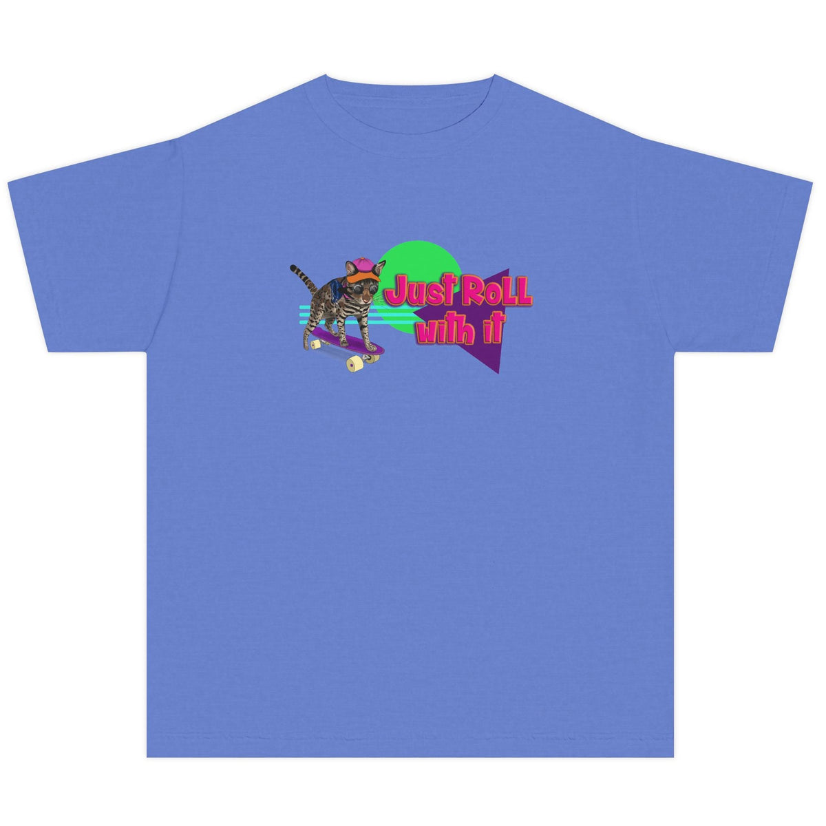 Youth Tee - Just Roll with it Flounder the Purrmaid Skateboard Design by Nina, shown in Flo Blue