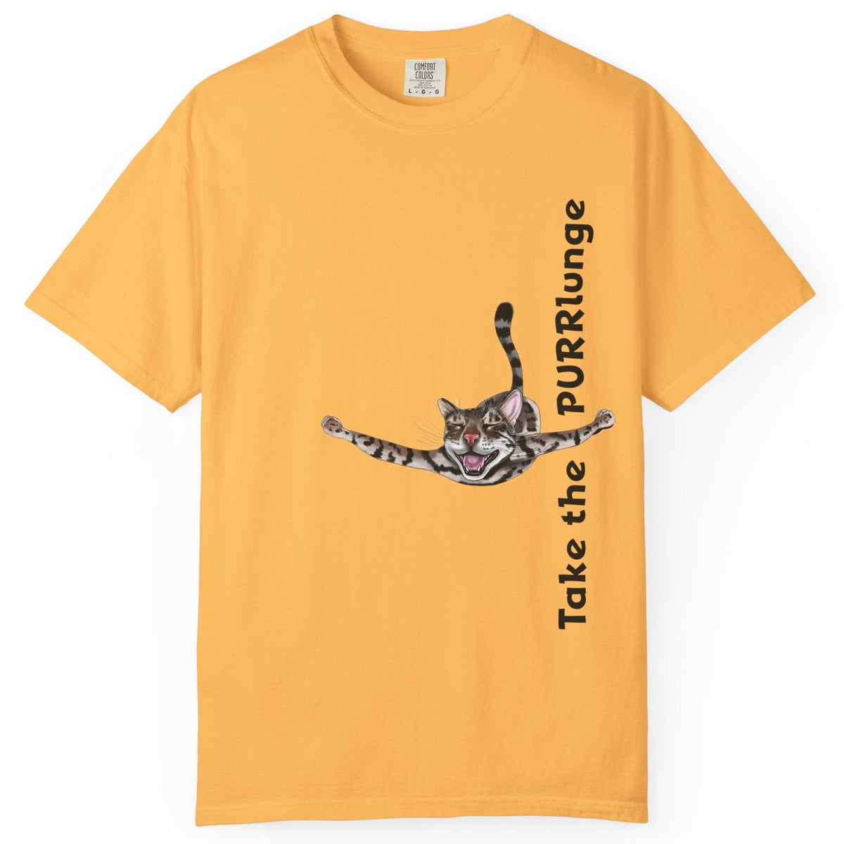 Purr-lunge Unisex T-shirt with Flounder the Purrmaid Design, shown in Citrus