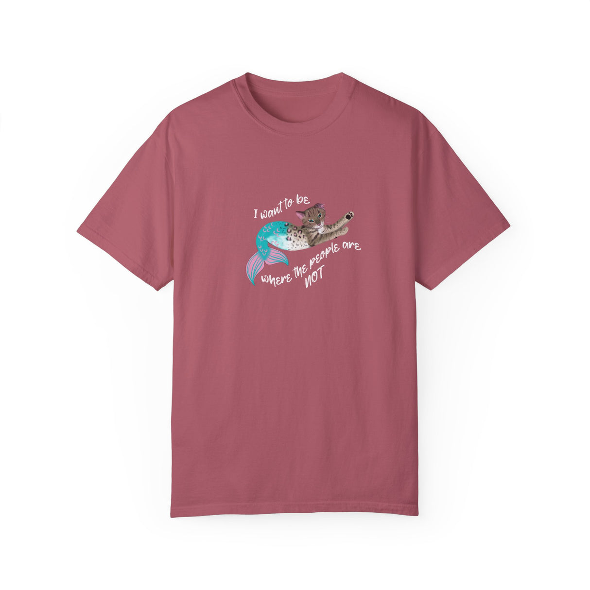 Mermaid Cat Purrmaid 'I Want to Be Where the People Are Not' Comfort Colors T-Shirt, shown in Crimson