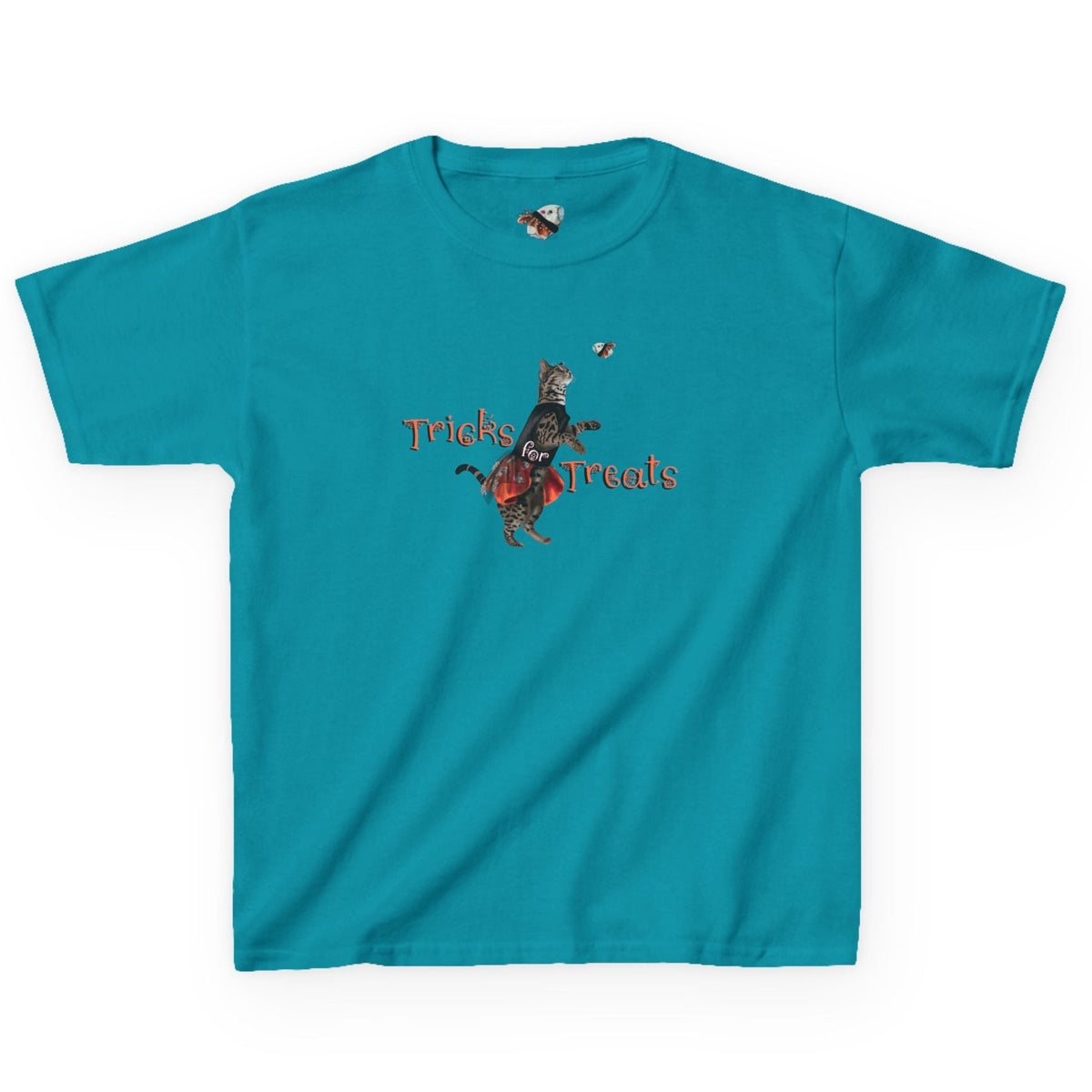 Kids Tee - "Tricks for Treats" Flounder Halloween Ballet Tee, shown in Tropical Blue