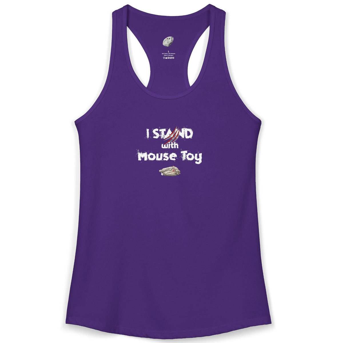Purple tank top with text and graphic on a white background