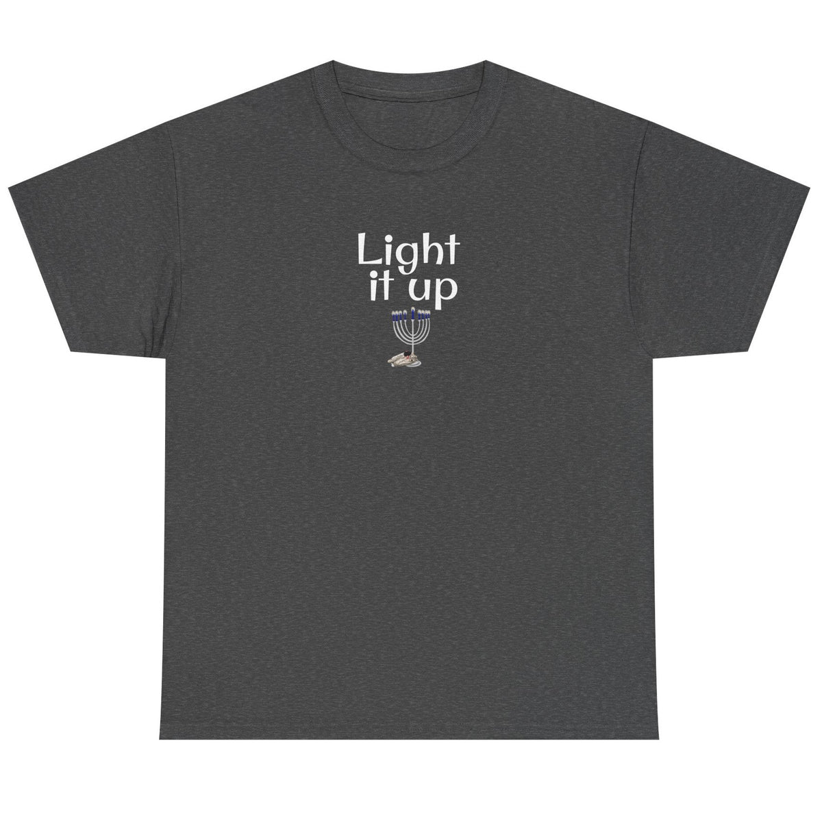 Light it Up Unisex Tee - Mouse Toy Menorah Design, shown in Dark Heather