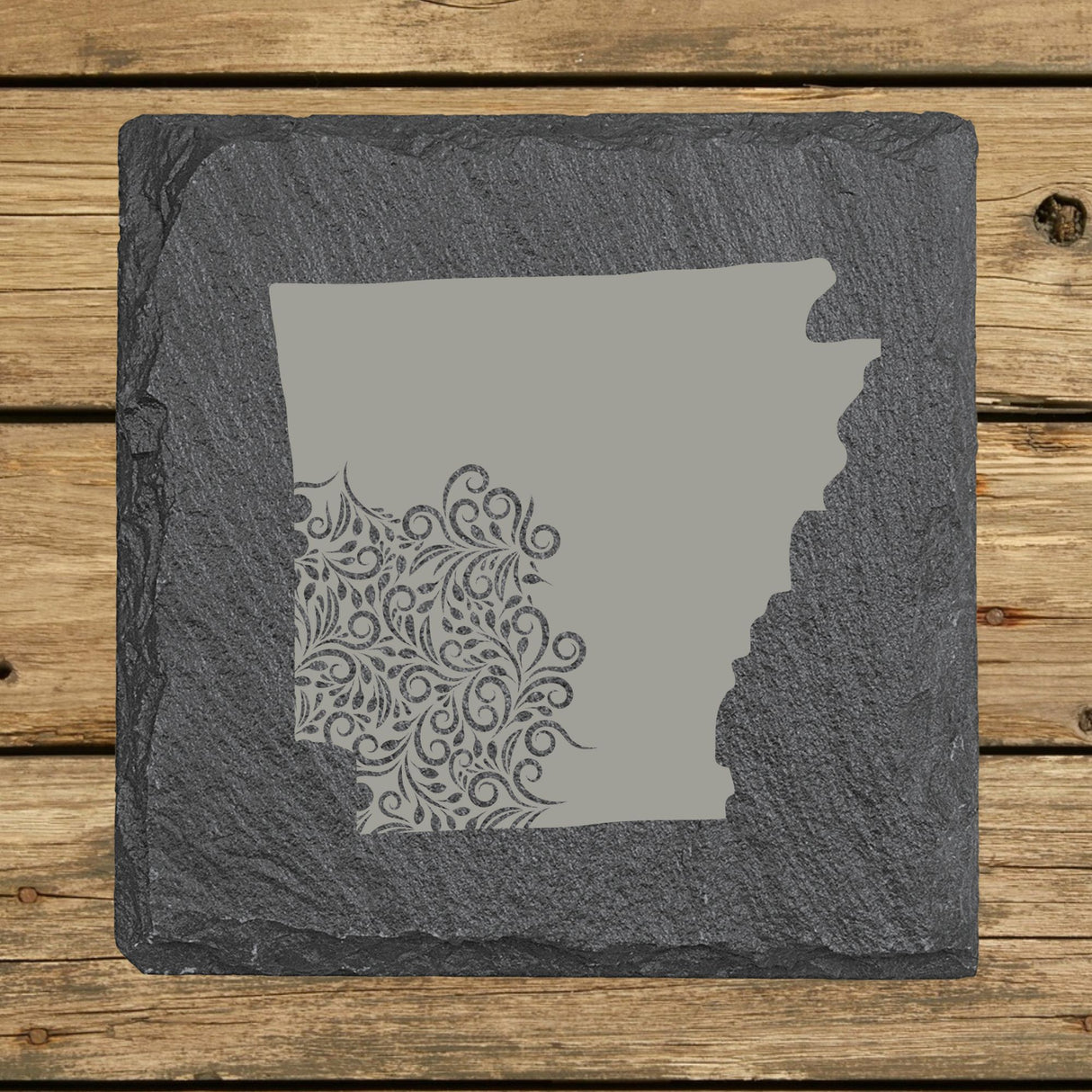 Arkansas Slate Coaster Set – Engraved Natural Stone (Set of 4)
