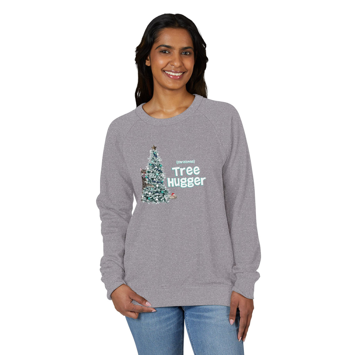 Raglan Crewneck Sweatshirt Christmas Tree Hugger Flounder the Purrmaid Design