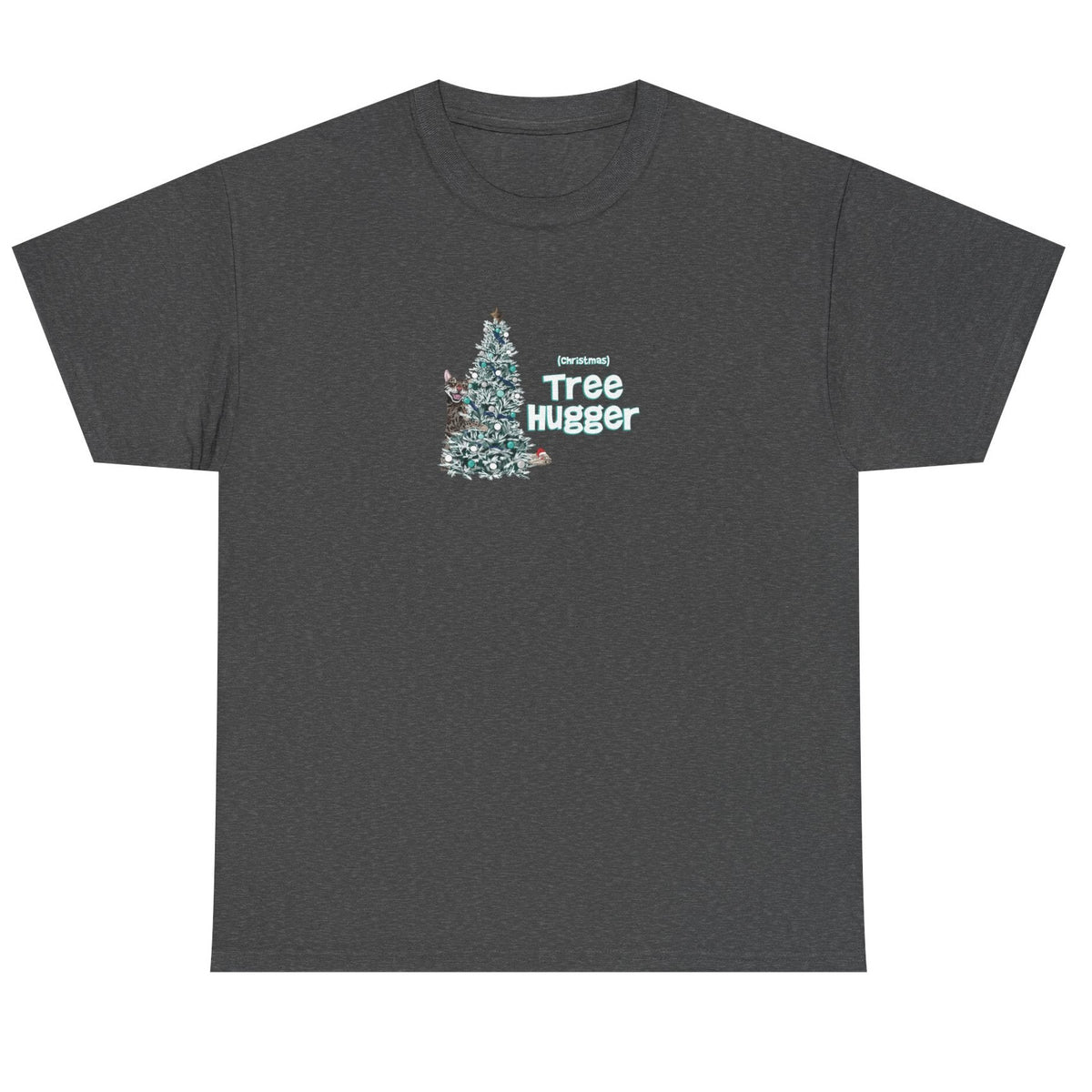 Christmas Tree Hugger Tee, shown in Dark Heather
