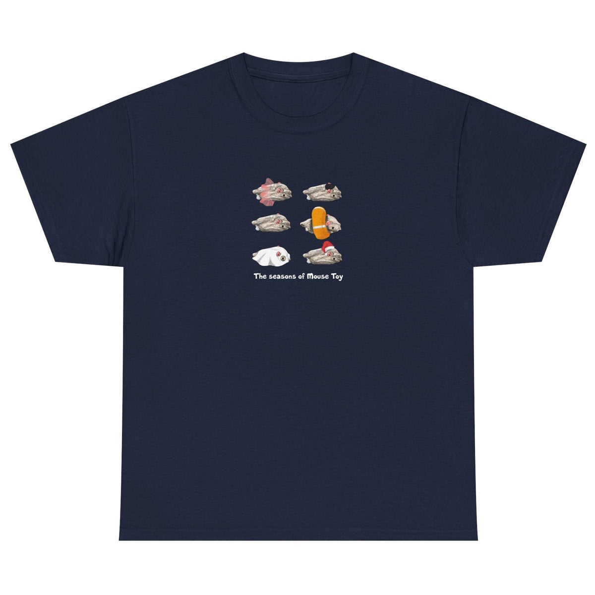 Seasons of Mouse Toy Unisex Tee - Santa Hat, Yamaka, Halloween Ghost, Ballet Tutu, Life Vest, shown in Navy