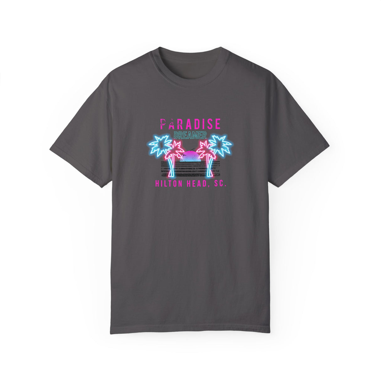 Garment-Dyed T-shirt: Retro Palm Tree Lights 'Paradise Dreamer - Hilton Head