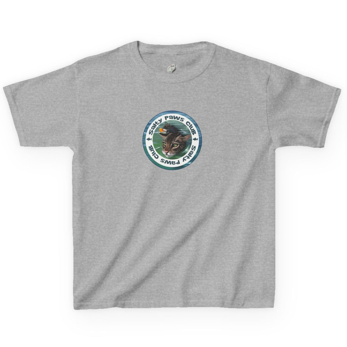 Kids Tee - "Salty Paws Club" Purrmaid Flounder & Life‑Vest Mouse Toy, shown in Sport Grey