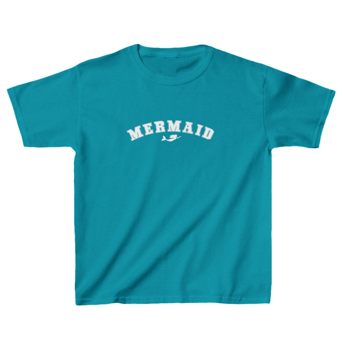 Mermaid collegiate lettering kids tee in tropical blue