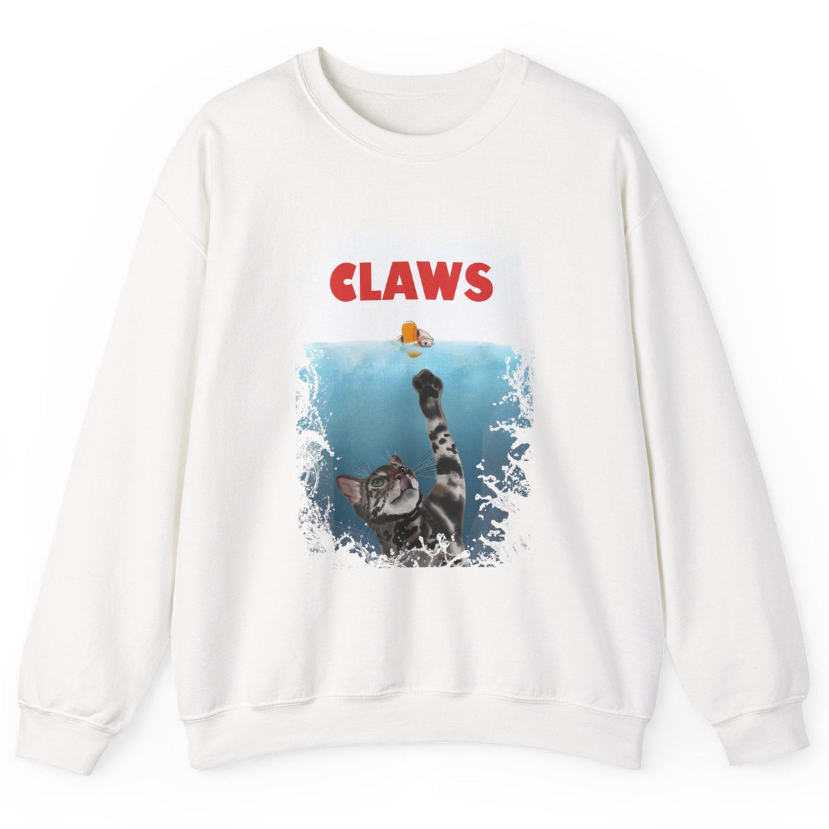 Funny Cat 'Claws' Unisex Crewneck Sweatshirt featuring Flounder and Mouse Toy, shown in White