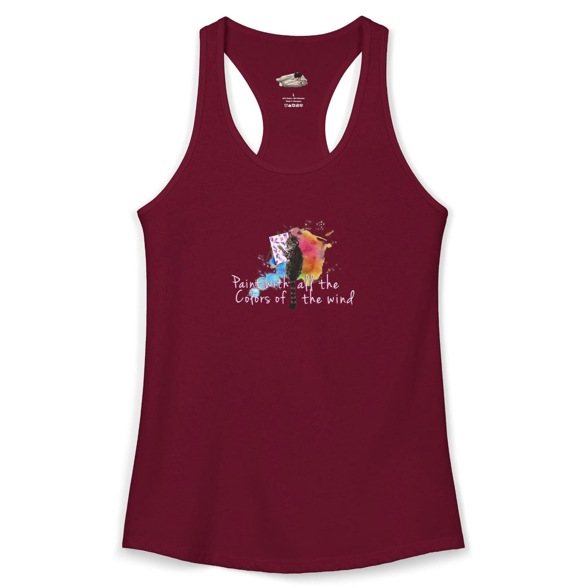 Women's Racerback Tank - "Paint With All the Colors of the Wind" Flounder the Purrcasso Art, shown in Solid Cardinal Red