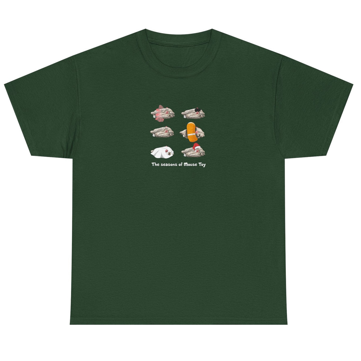 Seasons of Mouse Toy Unisex Tee - Santa Hat, Yamaka, Halloween Ghost, Ballet Tutu, Life Vest, shown in Forest Green