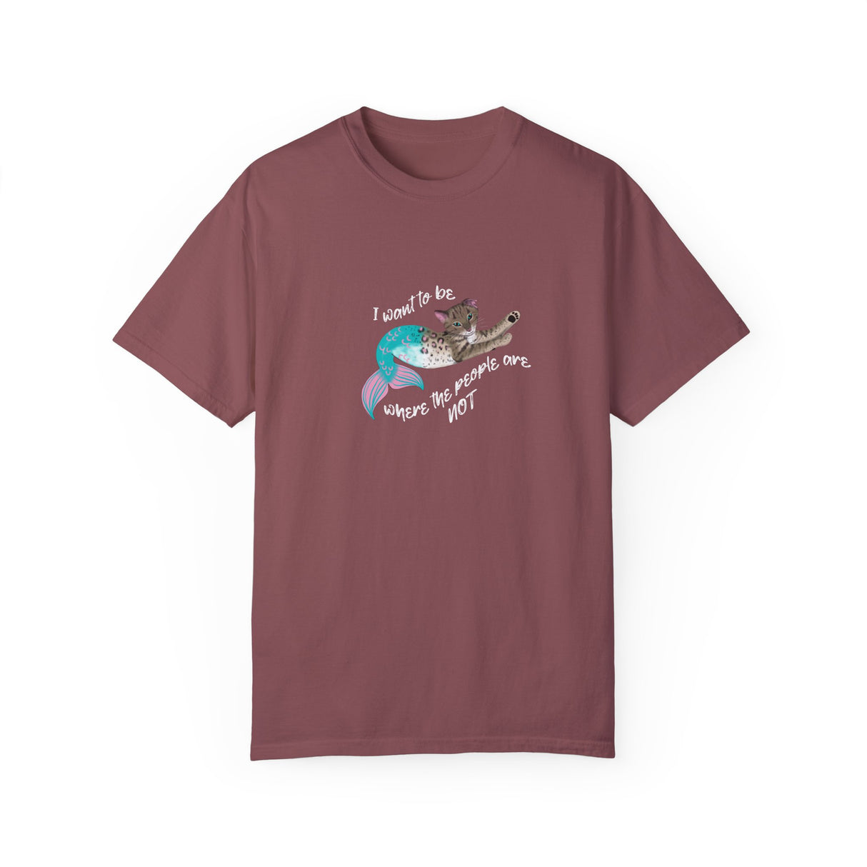 Mermaid Cat Purrmaid 'I Want to Be Where the People Are Not' Comfort Colors T-Shirt, shown in Brick