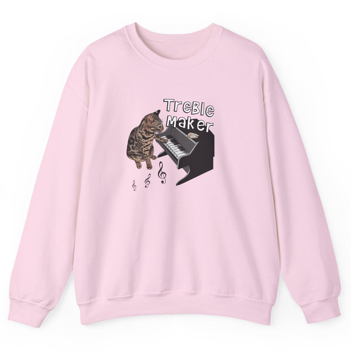Unisex Sweatshirt - Treble Maker Design featuring Flounder the Purrmaid Playing Piano for, shown in Light Pink