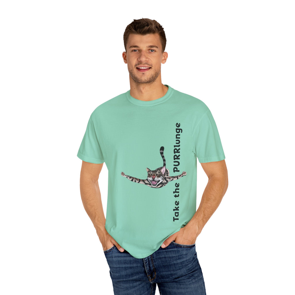Purr-lunge Unisex T-shirt with Flounder the Purrmaid Design