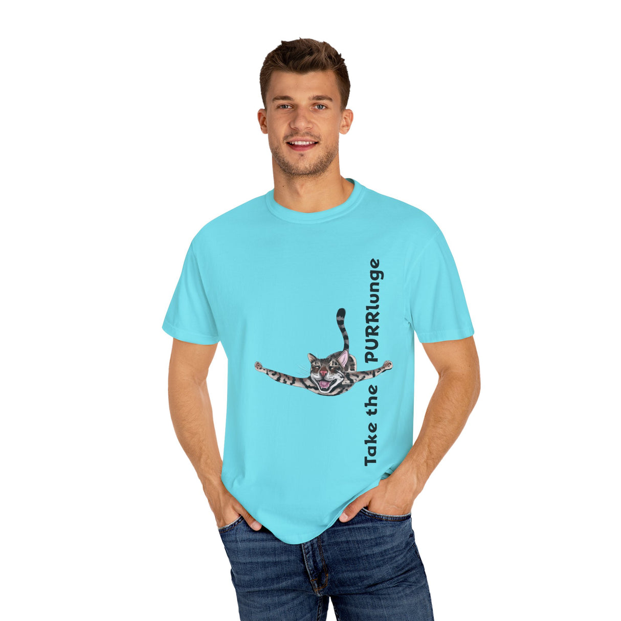 Purr-lunge Unisex T-shirt with Flounder the Purrmaid Design
