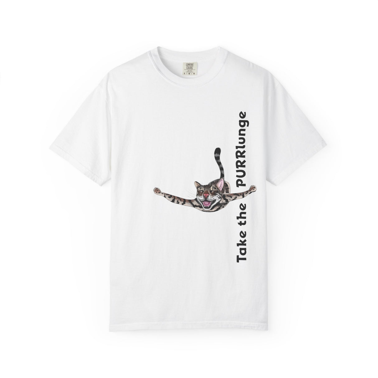 Purr-lunge Unisex T-shirt with Flounder the Purrmaid Design