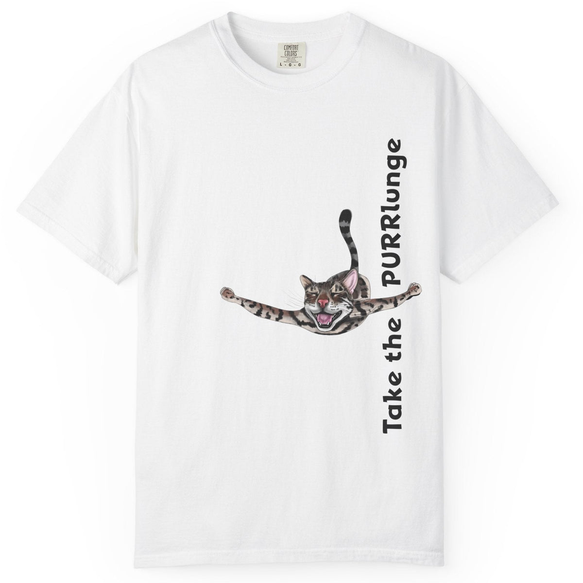Purr-lunge Unisex T-shirt with Flounder the Purrmaid Design, shown in White