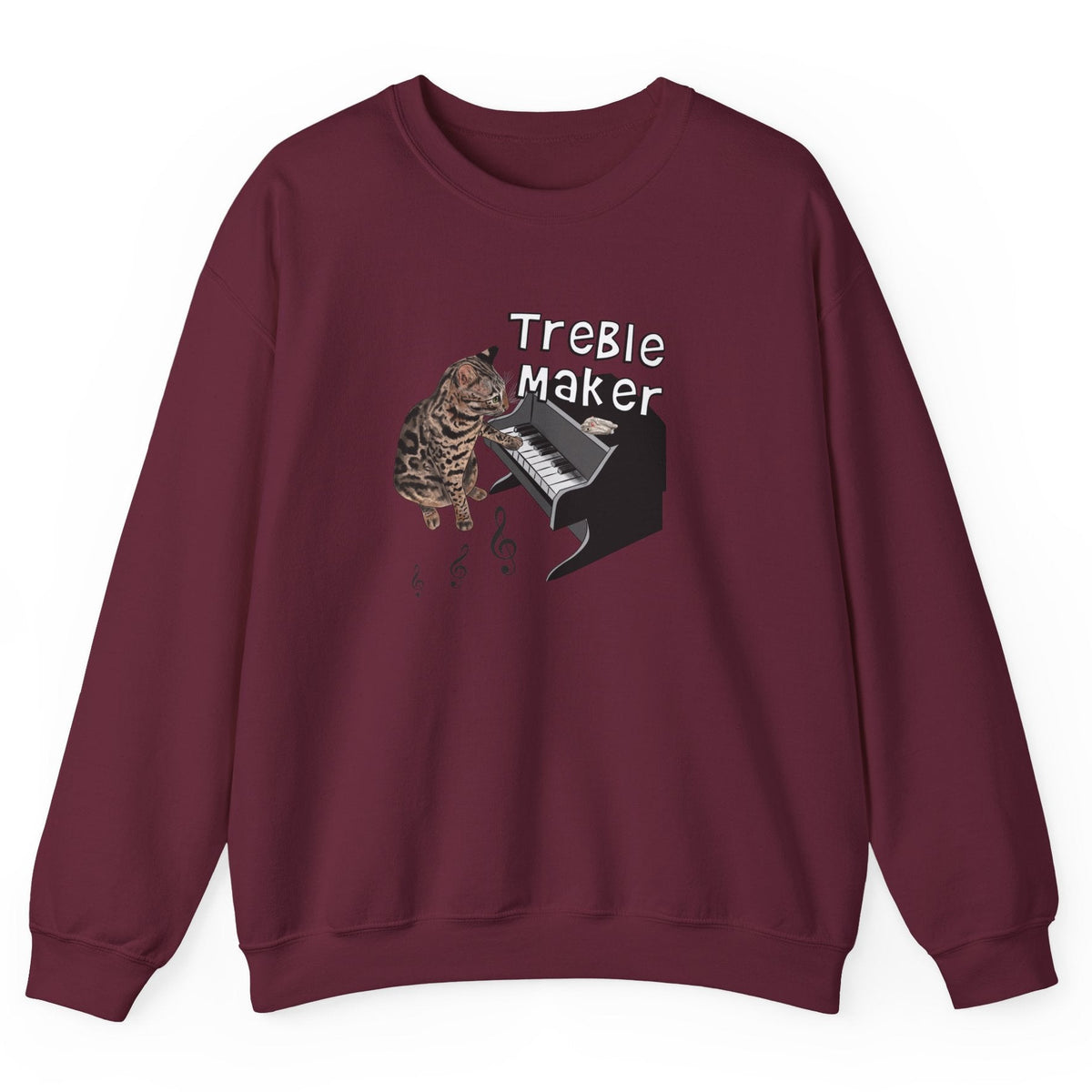 Unisex Sweatshirt - Treble Maker Design featuring Flounder the Purrmaid Playing Piano for, shown in Maroon