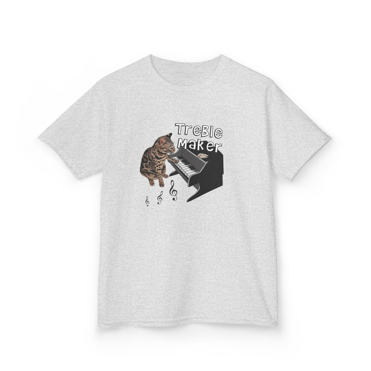 Kids Tee - Treble Maker Design Hand Drawn by Flounder's Mom, Nina Featuring Flounder the Purrmaid Playing Piano for Mouse Toy