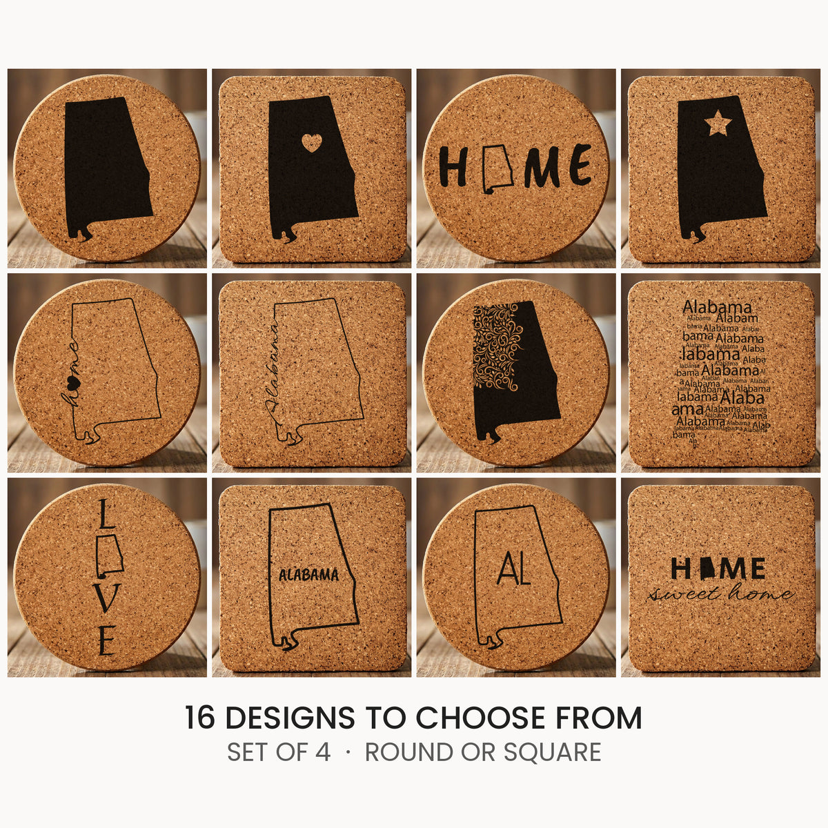 Alabama cork coaster set, laser engraved natural cork