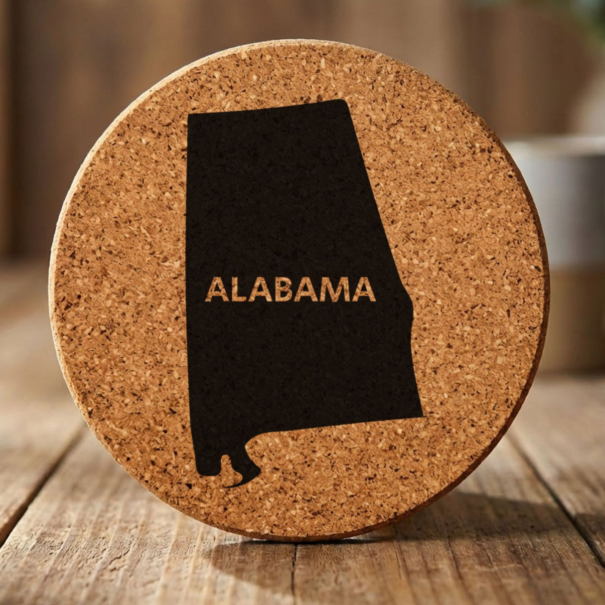 Alabama round cork coaster engraved with the state shape and ALABAMA in bold lettering