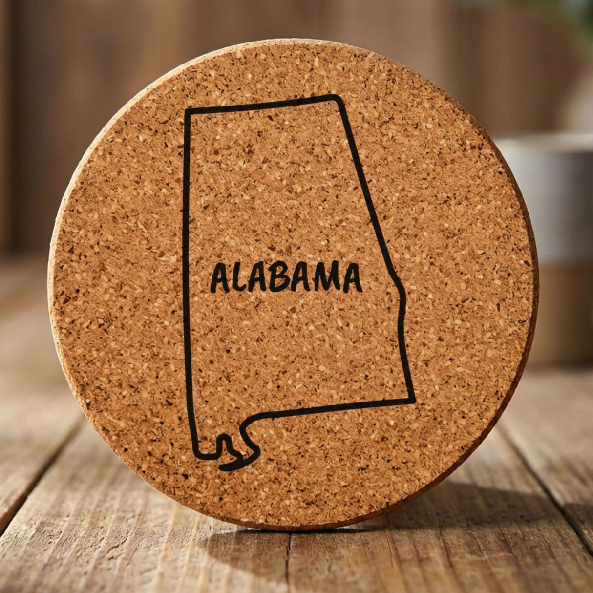 Alabama round cork coaster engraved with the state outline and ALABAMA in hand-drawn brush lettering