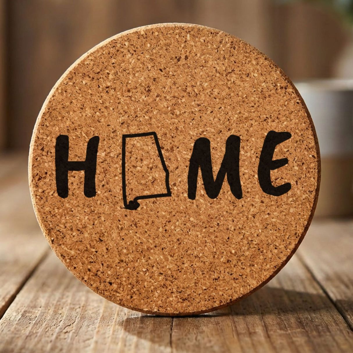 Alabama round cork coaster engraved with HOME using the state outline as the letter O