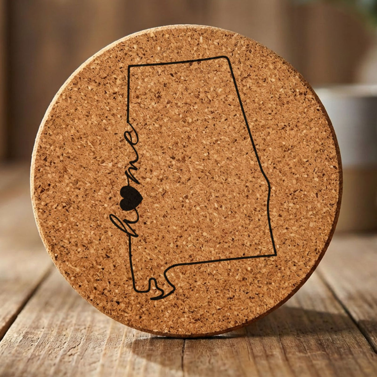 Alabama round cork coaster engraved with the state outline and home in script with a heart