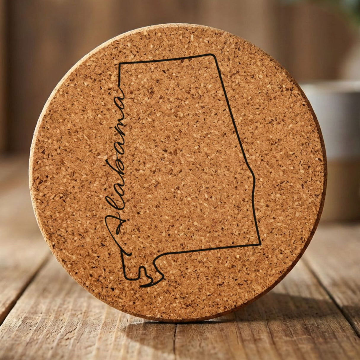 Alabama round cork coaster engraved with the state outline and Alabama in script lettering