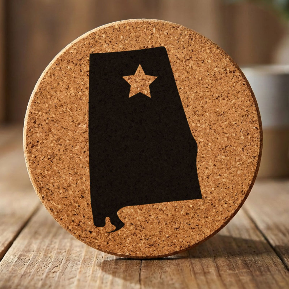 Alabama round cork coaster engraved with the state shape and a star